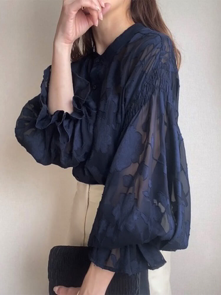 ノーカラー ハーフハイネック 花柄 シースルー 長袖 

