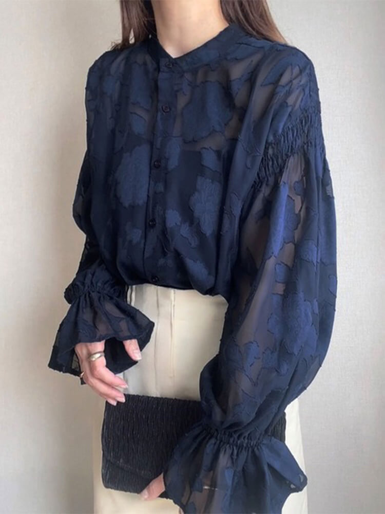 ノーカラー ハーフハイネック 花柄 シースルー 長袖 

