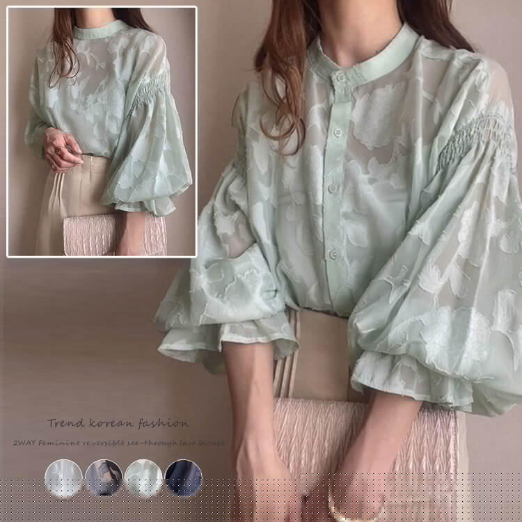 ノーカラー ハーフハイネック 花柄 シースルー 長袖 

