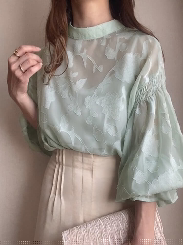 ノーカラー ハーフハイネック 花柄 シースルー 長袖 

