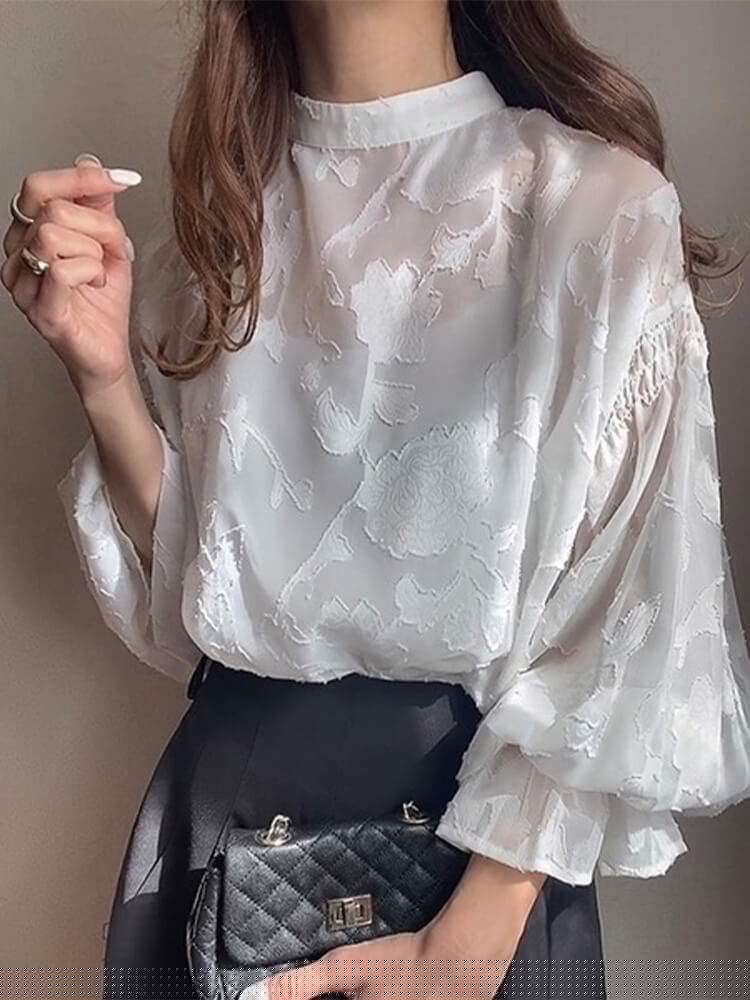 ノーカラー ハーフハイネック 花柄 シースルー 長袖 

