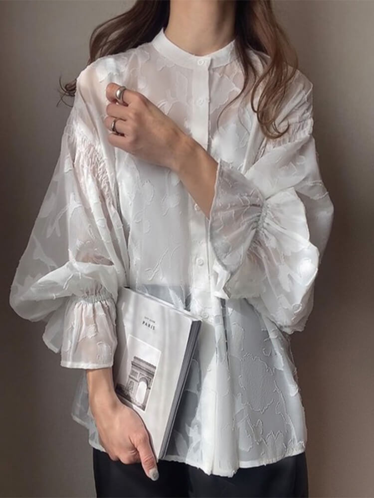 ノーカラー ハーフハイネック 花柄 シースルー 長袖 

