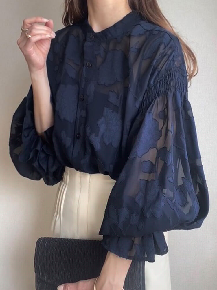 ノーカラー ハーフハイネック 花柄 シースルー 長袖 

