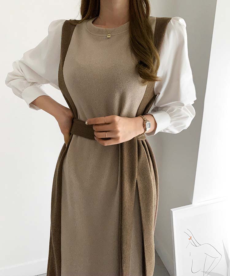 サイド切り替え バイカラー ブラウス ニットワンピース
