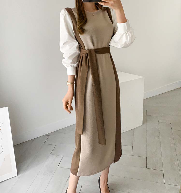 サイド切り替え バイカラー ブラウス ニットワンピース