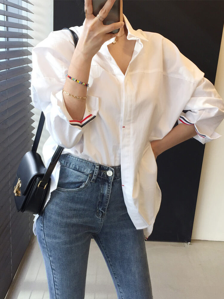 バックスリット トリコロールリボン 長袖 シャツ ブラウス