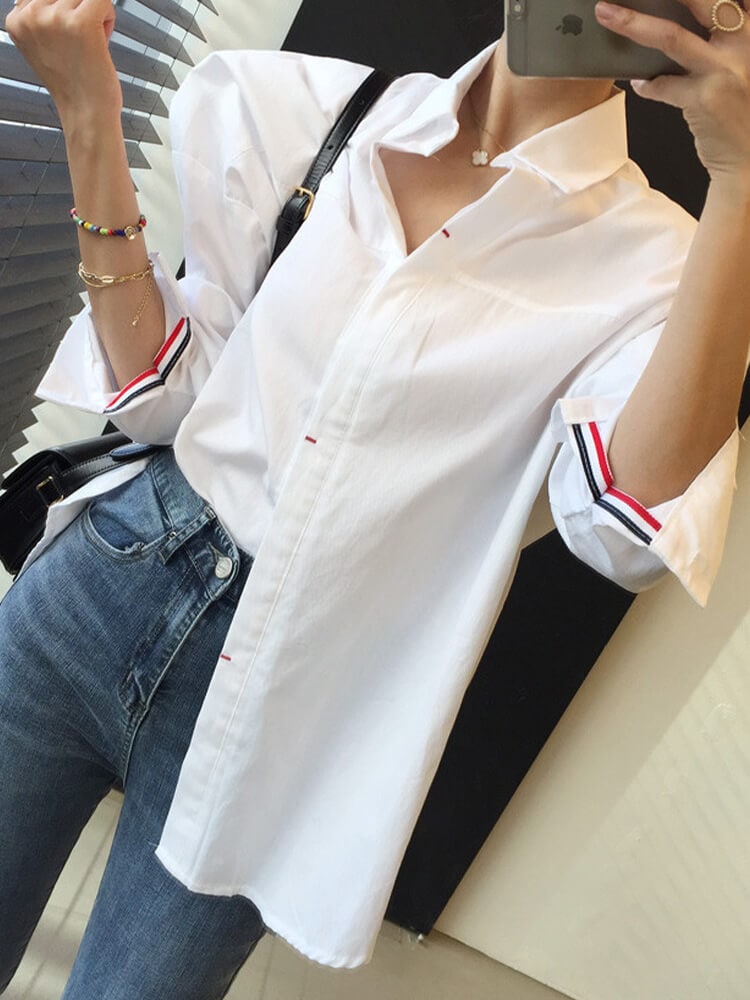 バックスリット トリコロールリボン 長袖 シャツ ブラウス