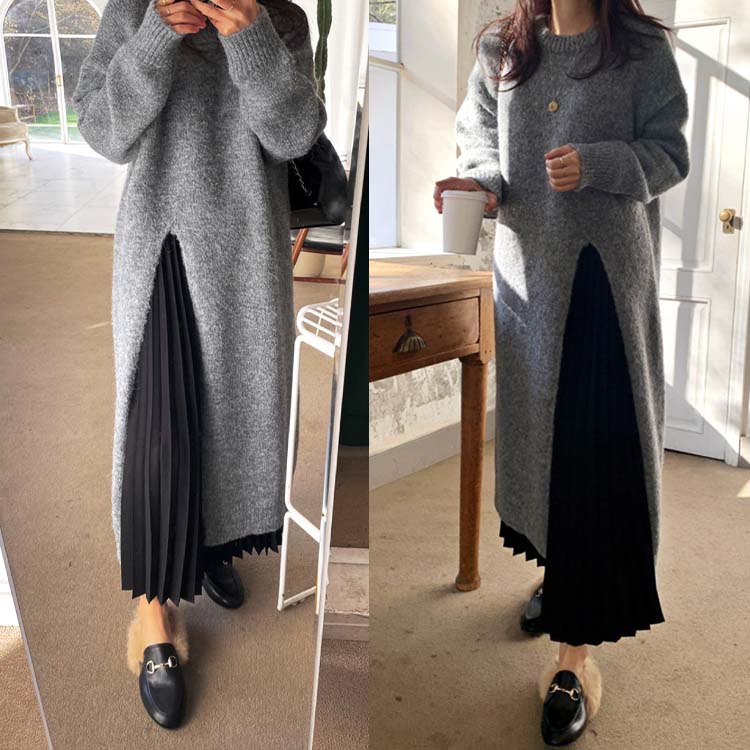 ロング丈 あったかニット スリット ワンピース