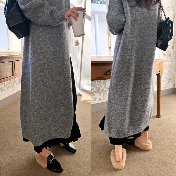 ロング丈 あったかニット スリット ワンピース