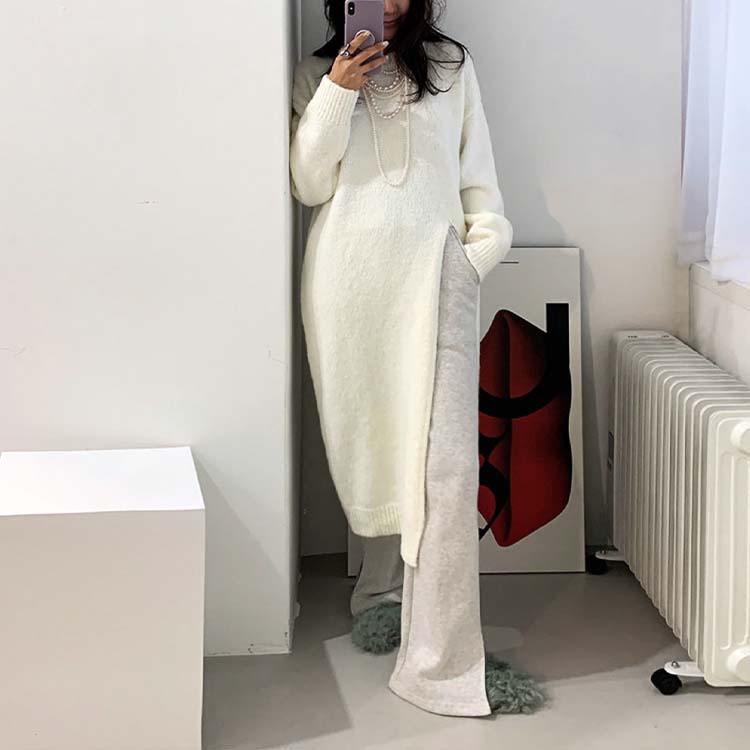 ロング丈 あったかニット スリット ワンピース