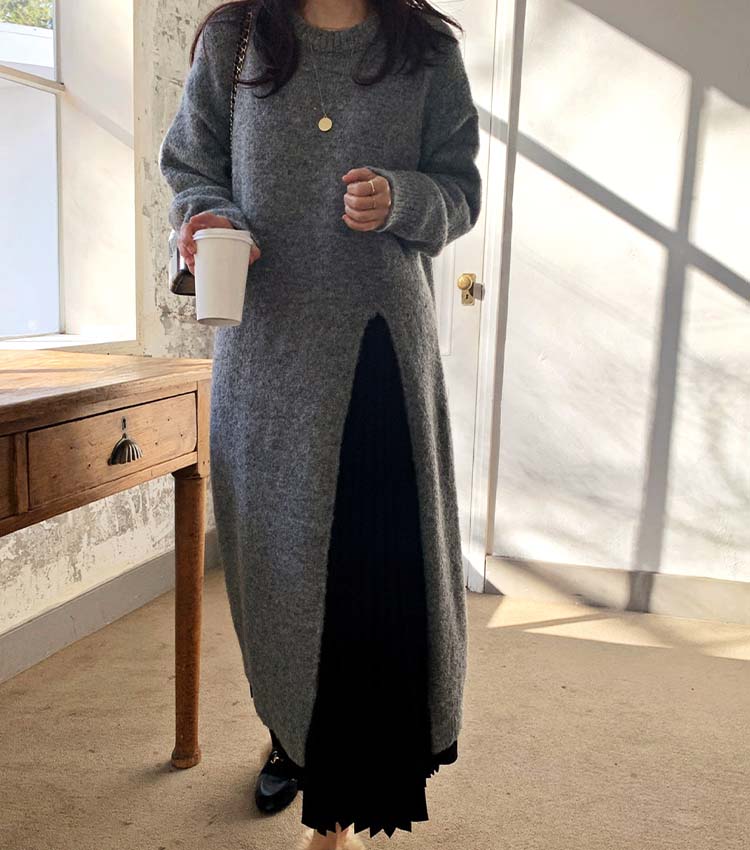 ロング丈 あったかニット スリット ワンピース