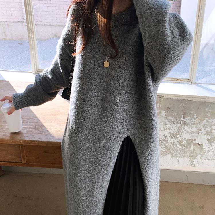 ロング丈 あったかニット スリット ワンピース