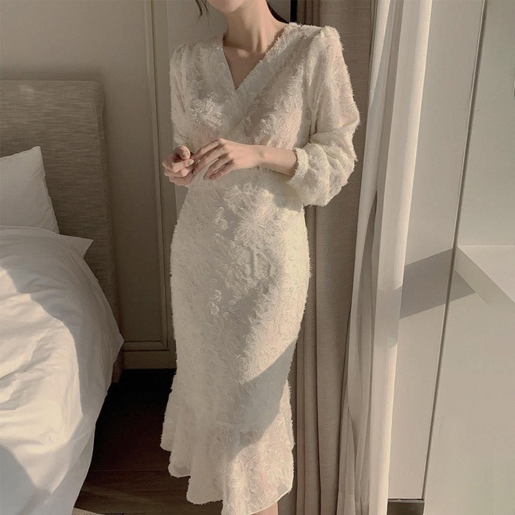 長袖 Vネック ジャガード マーメイド ドレス ワンピース