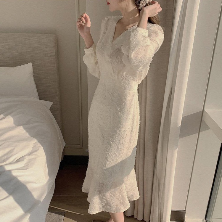 長袖 Vネック ジャガード マーメイド ドレス ワンピース