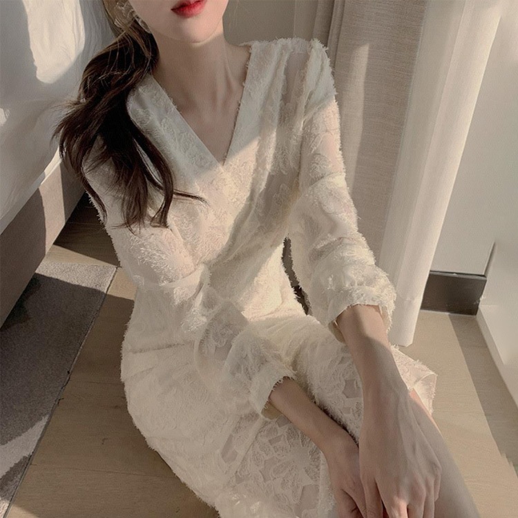 長袖 Vネック ジャガード マーメイド ドレス ワンピース