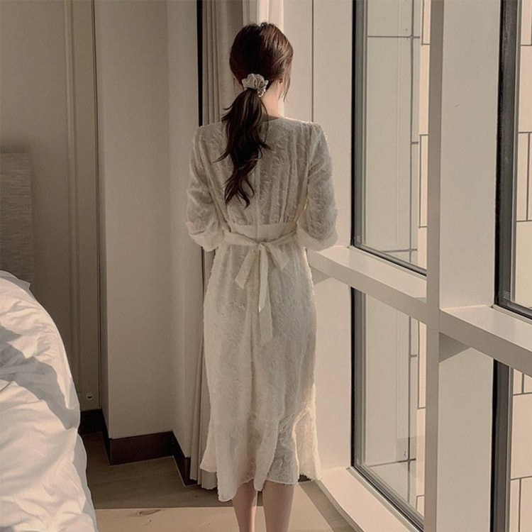 長袖 Vネック ジャガード マーメイド ドレス ワンピース