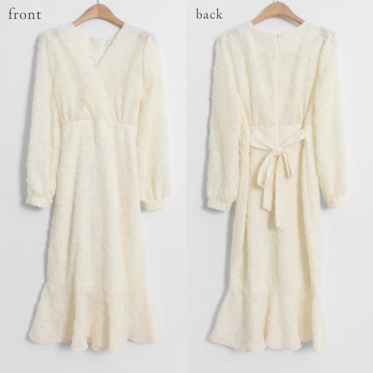 長袖 Vネック ジャガード マーメイド ドレス ワンピース