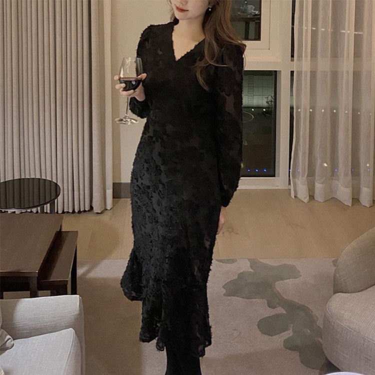 長袖 Vネック ジャガード マーメイド ドレス ワンピース