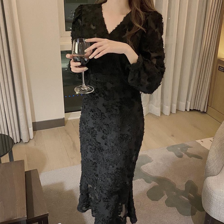 長袖 Vネック ジャガード マーメイド ドレス ワンピース