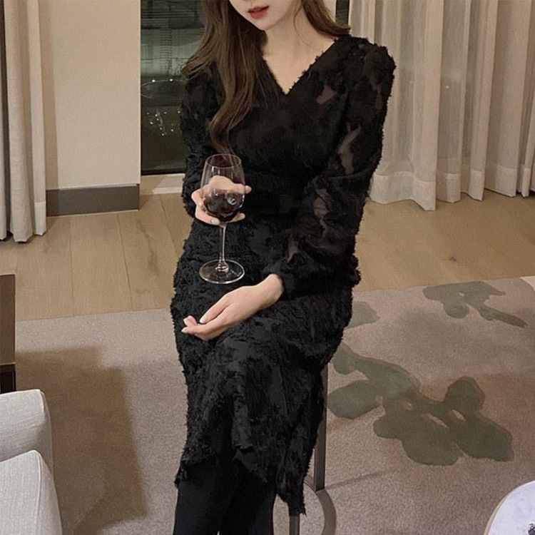 長袖 Vネック ジャガード マーメイド ドレス ワンピース