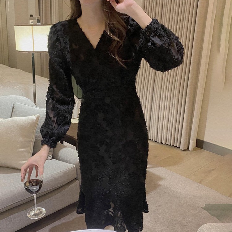 長袖 Vネック ジャガード マーメイド ドレス ワンピース