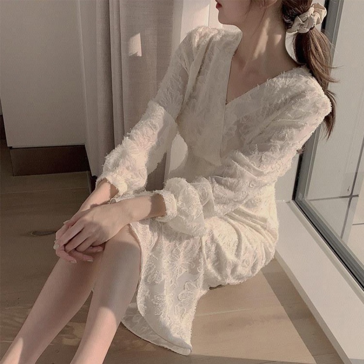 長袖 Vネック ジャガード マーメイド ドレス ワンピース