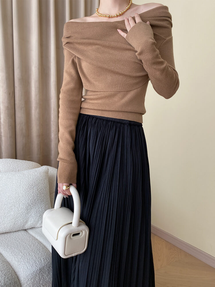 アンシンメトリー クロスオフショルダー ニットトップス