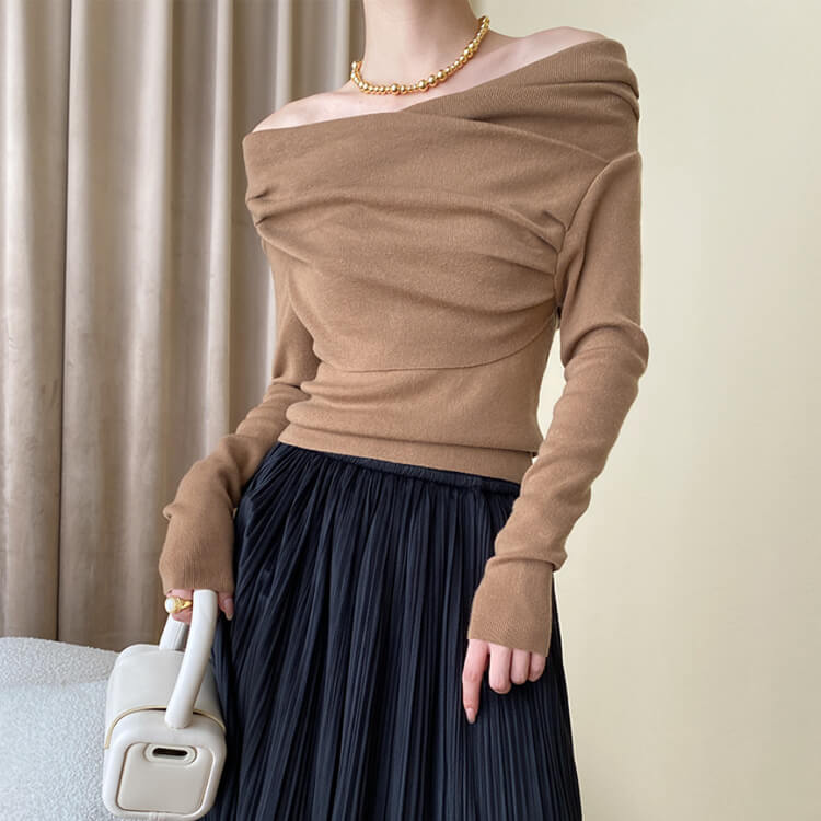 アンシンメトリー クロスオフショルダー ニットトップス