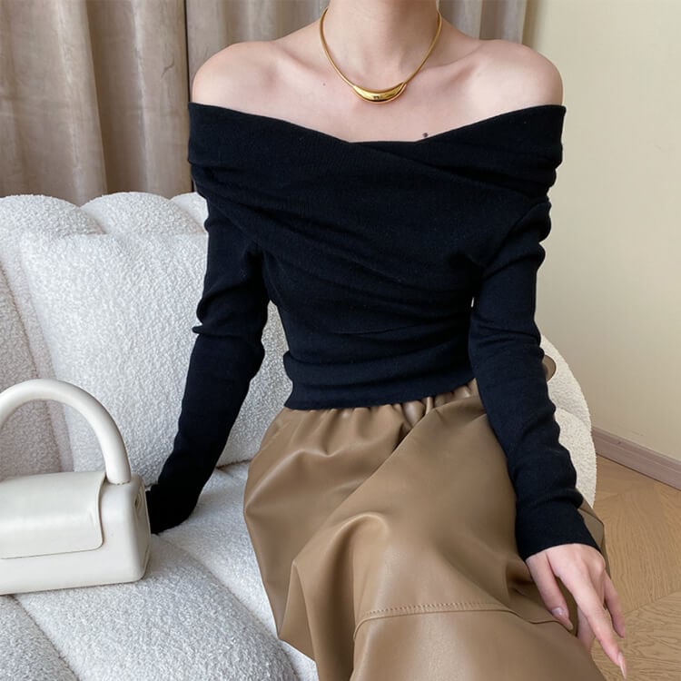 アンシンメトリー クロスオフショルダー ニットトップス