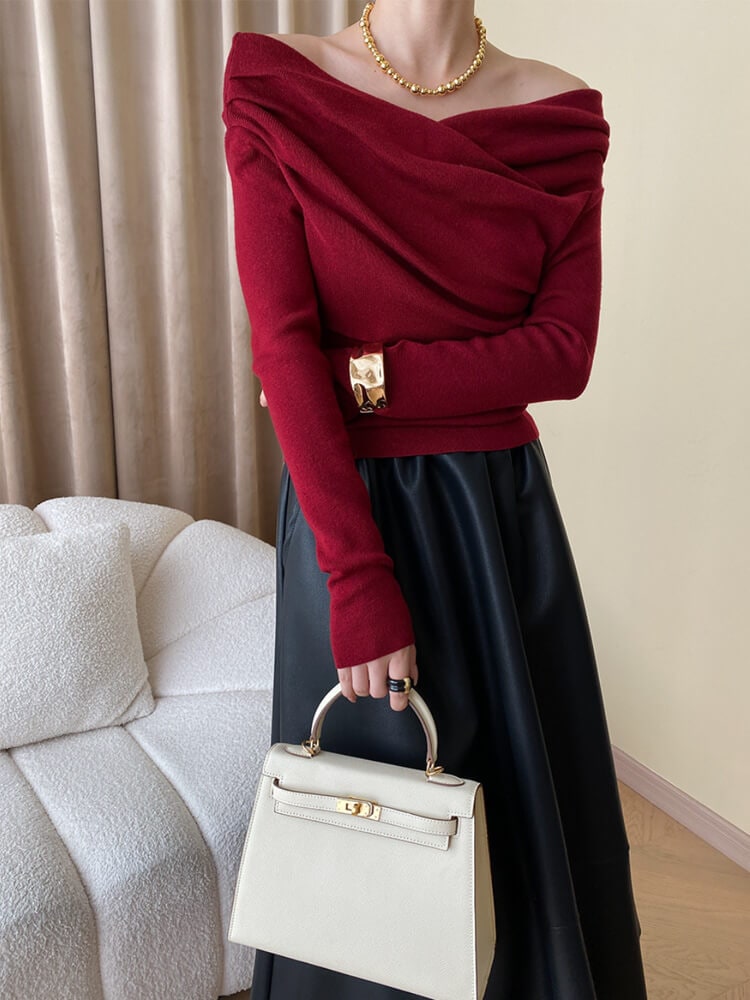 アンシンメトリー クロスオフショルダー ニットトップス