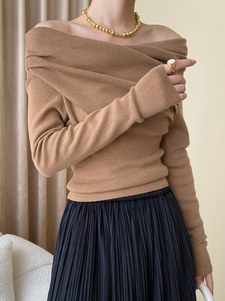 アンシンメトリー クロスオフショルダー ニットトップス