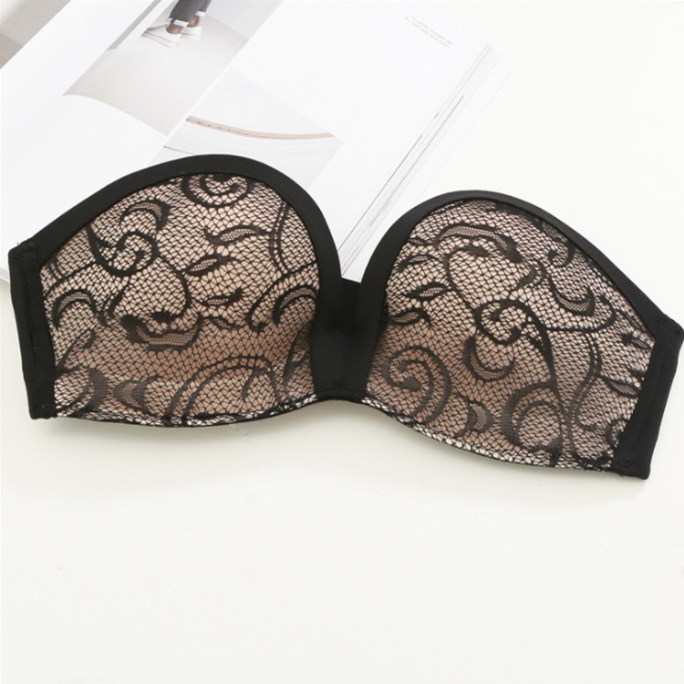 バイカラーレース 肩見せ 盛りパッド ストラップレスブラ