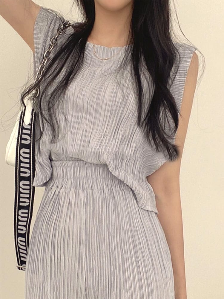 ノースリーブ トップス ワイドパンツ プリーツ セットアップ