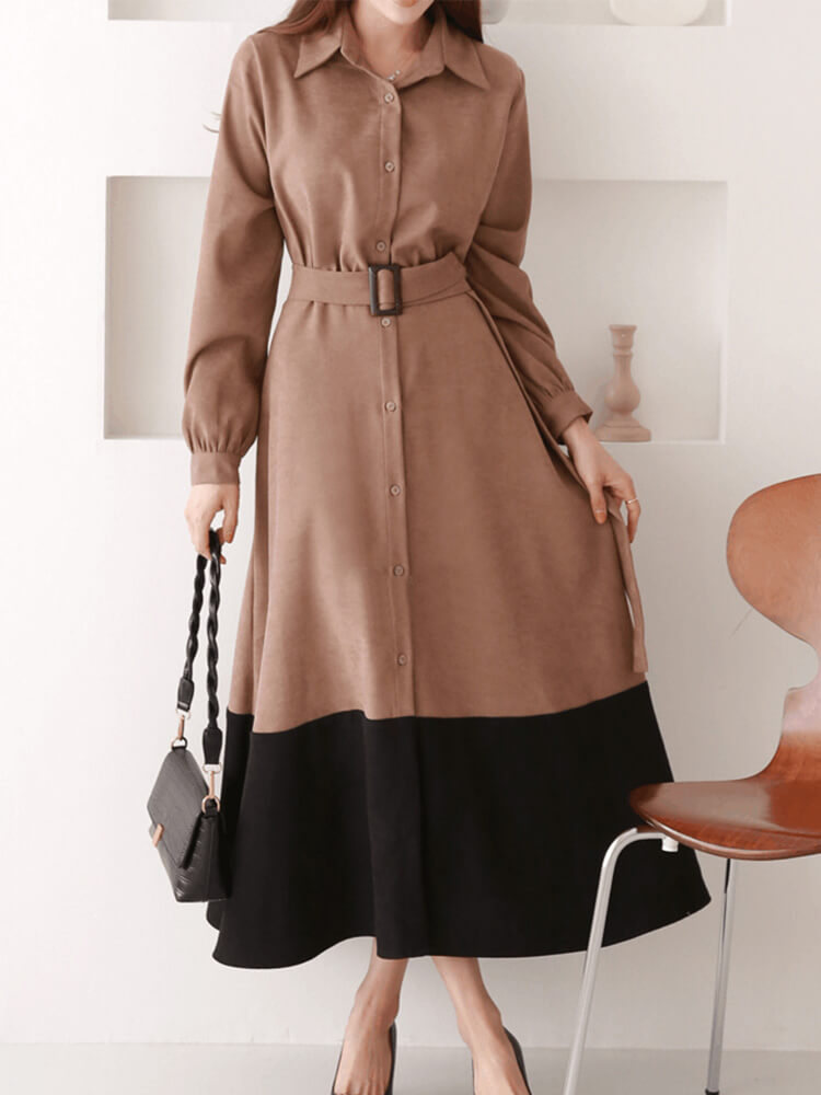 ツートン配色 スウェード バイカラー ミモレ丈ワンピース