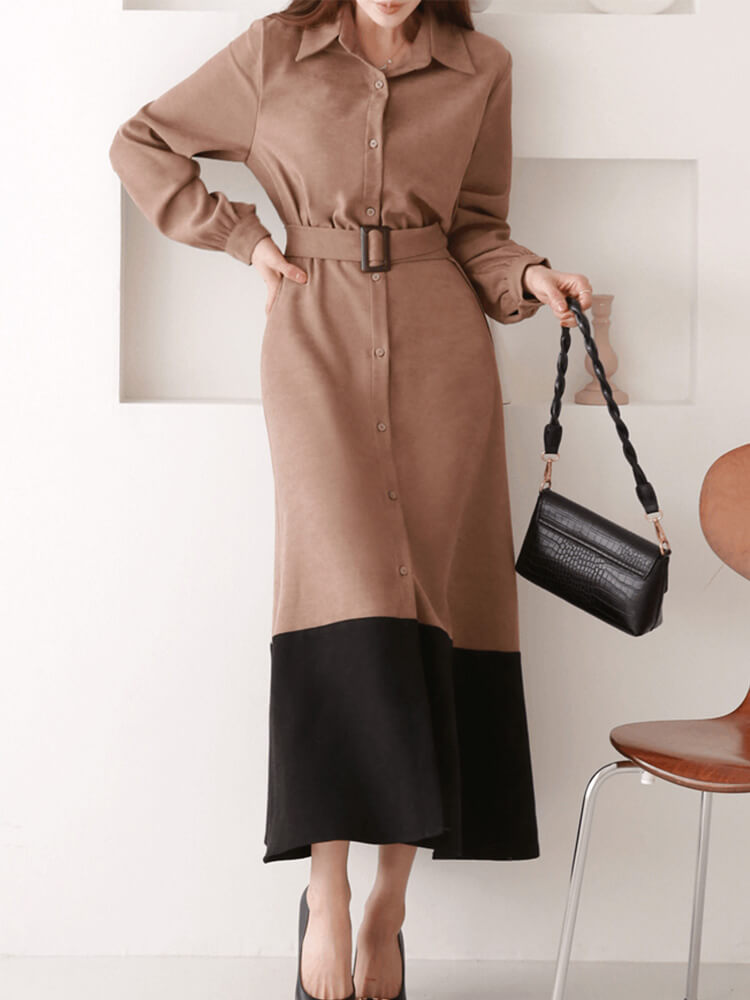 ツートン配色 スウェード バイカラー ミモレ丈ワンピース