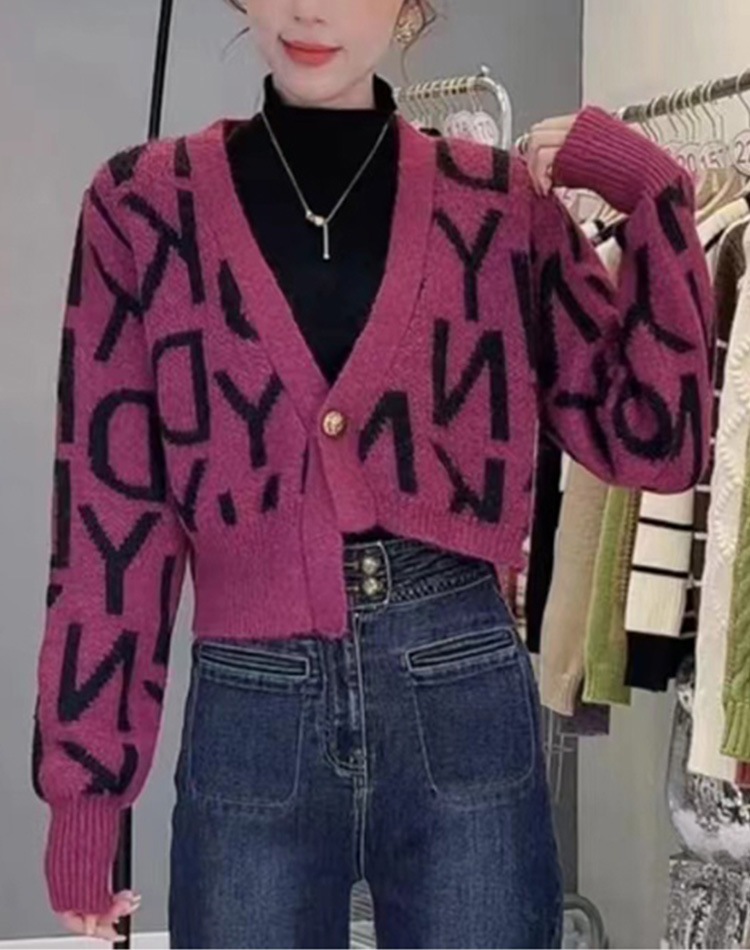 金ボタン アシンメトリー 柄ニット ショート丈 カーディガン