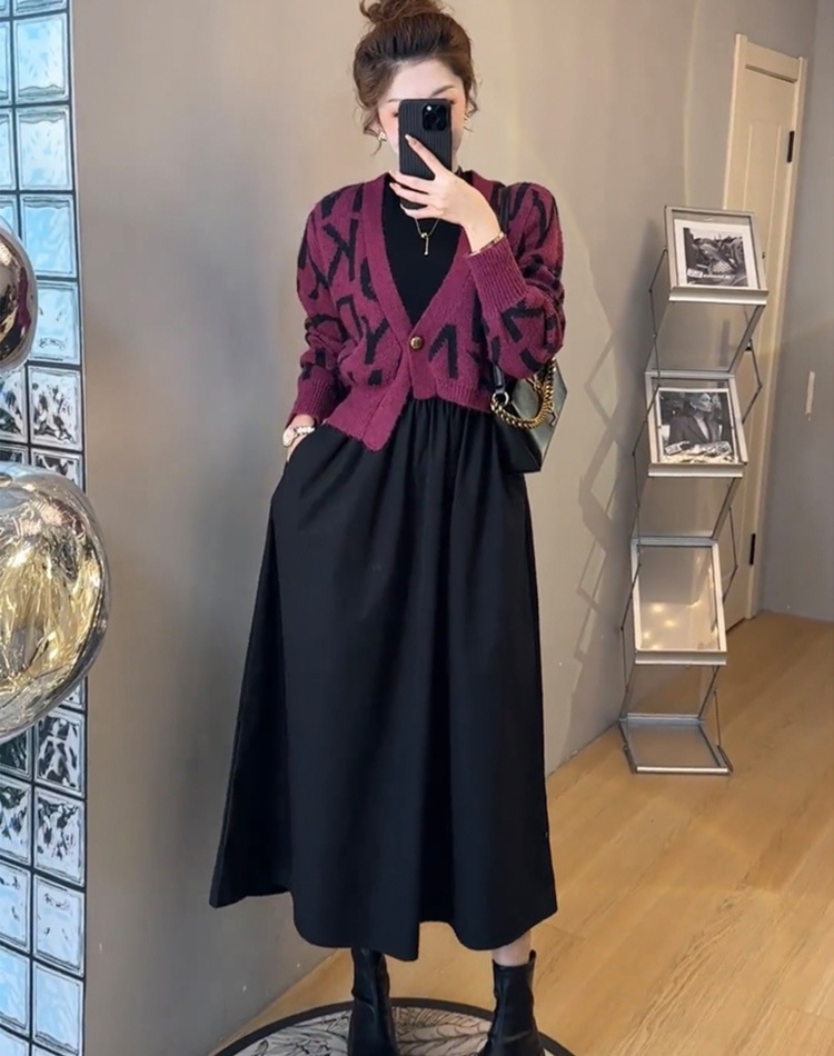 金ボタン アシンメトリー 柄ニット ショート丈 カーディガン