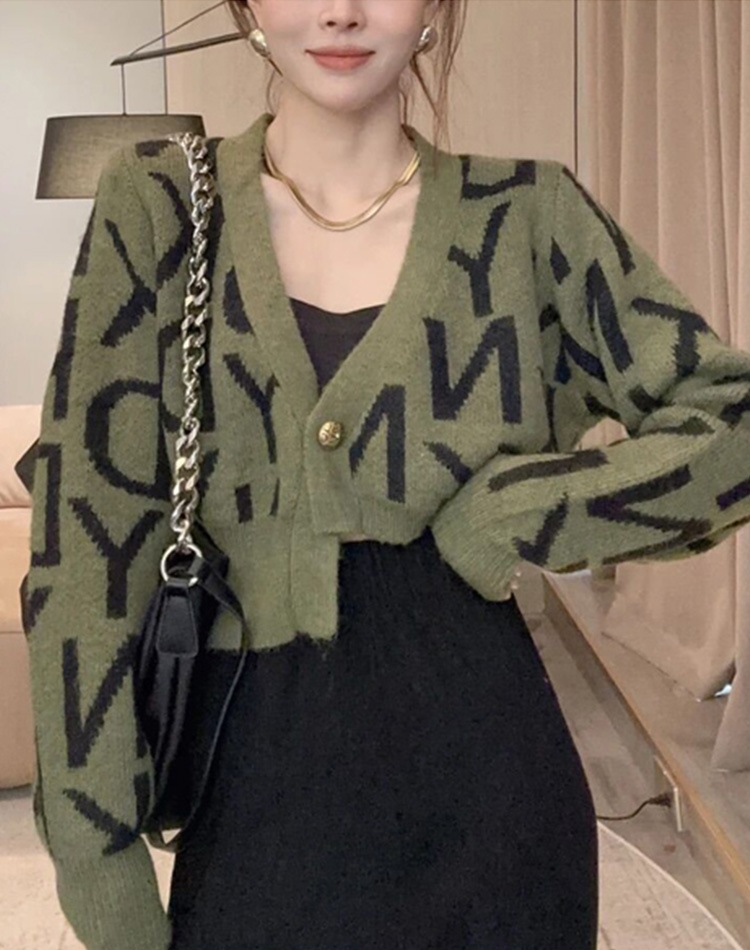 金ボタン アシンメトリー 柄ニット ショート丈 カーディガン