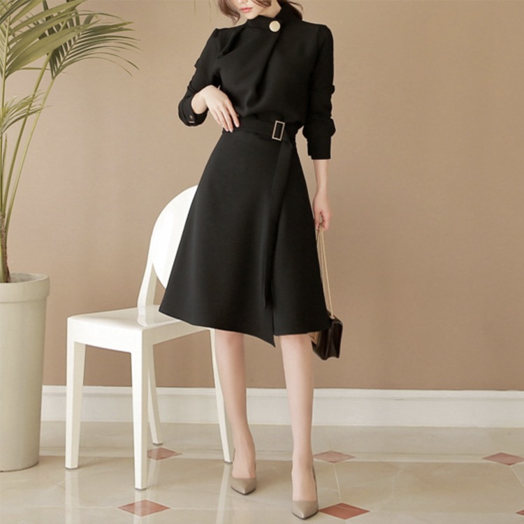 ベルト付 モックネック 長袖 ワンピース
