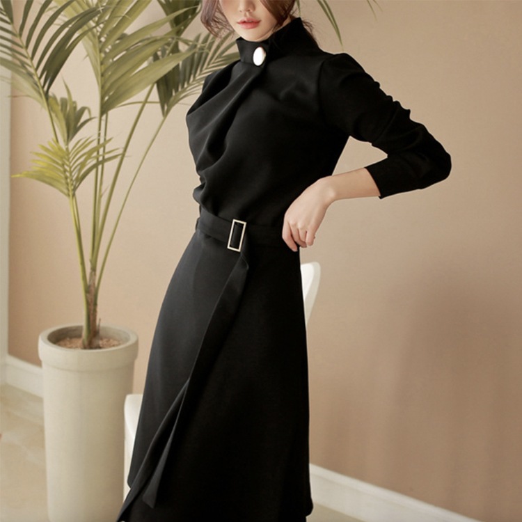 ベルト付 モックネック 長袖 ワンピース