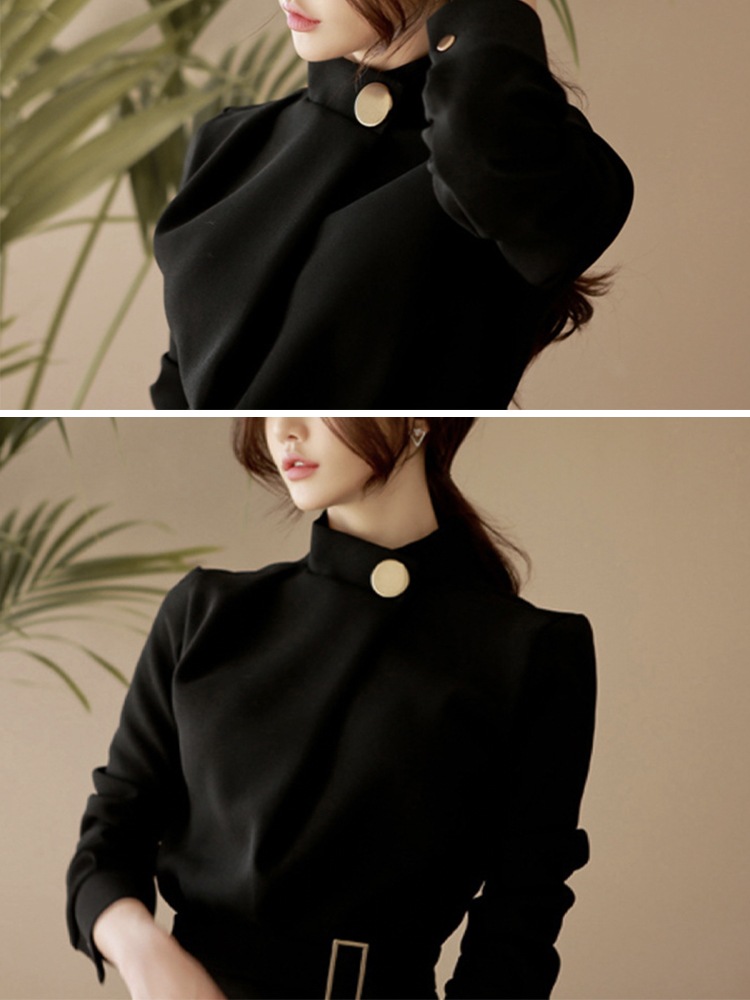 ベルト付 モックネック 長袖 ワンピース