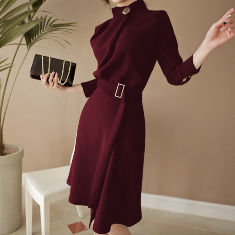 ベルト付 モックネック 長袖 ワンピース