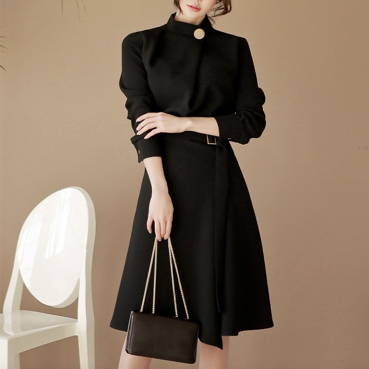 ベルト付 モックネック 長袖 ワンピース