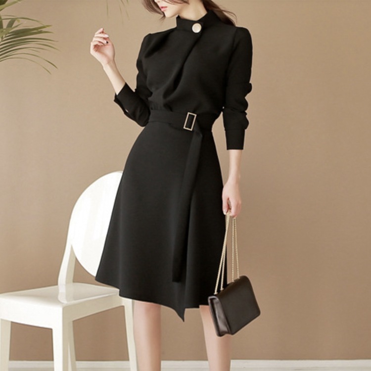 ベルト付 モックネック 長袖 ワンピース