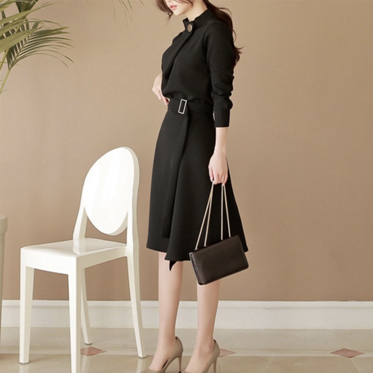 ベルト付 モックネック 長袖 ワンピース