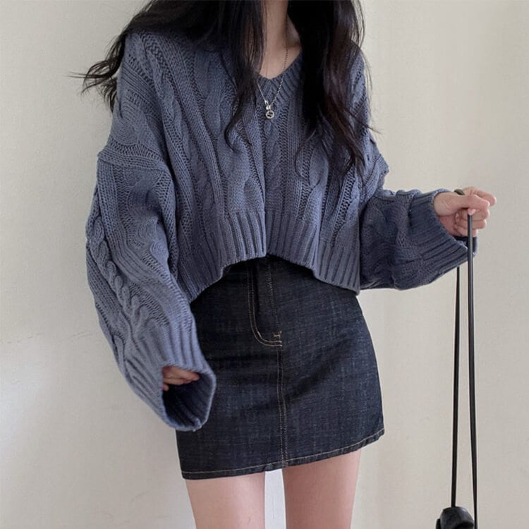 クロップド丈 Vネック ケーブル編み ニット トップス