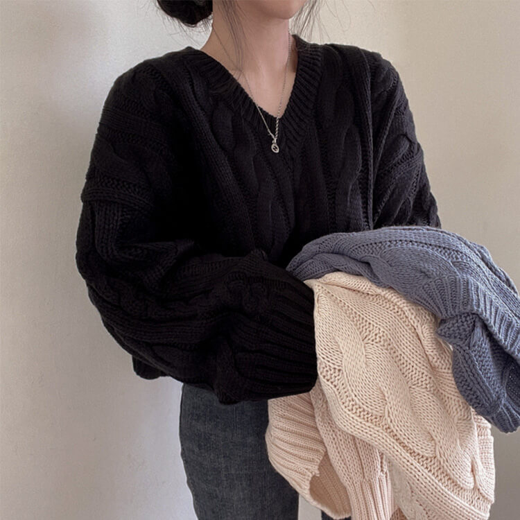 クロップド丈 Vネック ケーブル編み ニット トップス