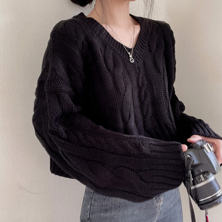 クロップド丈 Vネック ケーブル編み ニット トップス | レディース