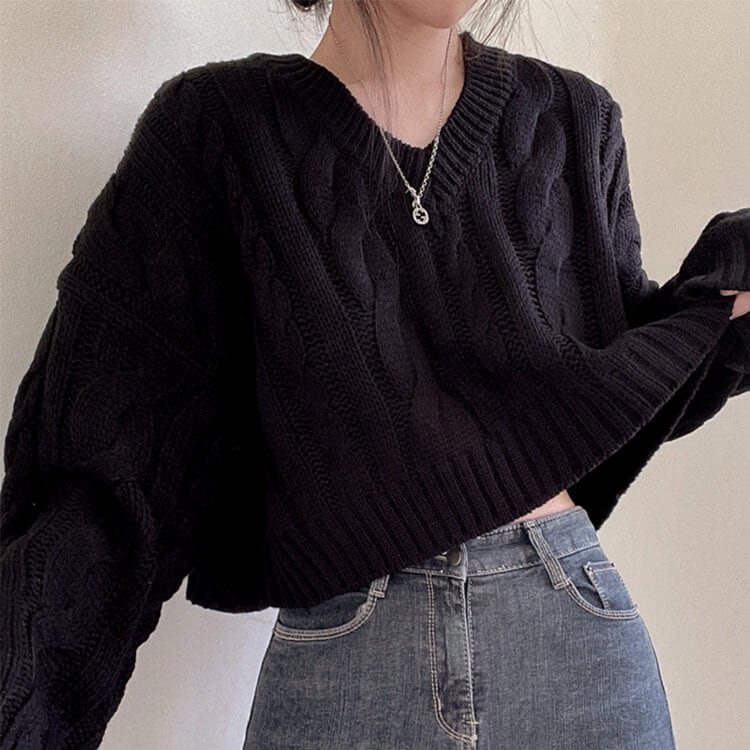 クロップド丈 Vネック ケーブル編み ニット トップス