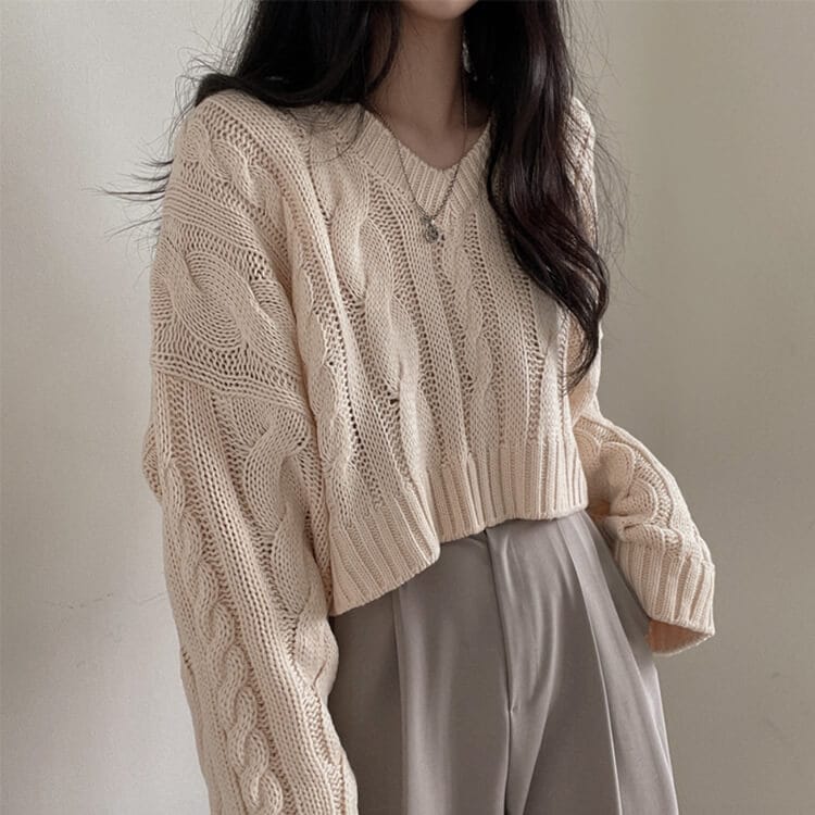 クロップド丈 Vネック ケーブル編み ニット トップス